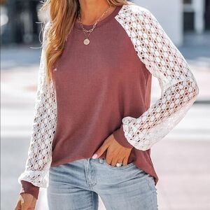 Women's Lace Sleeve Top - Coral and White / Size Small